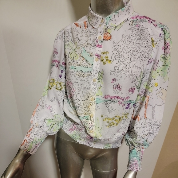 Anthropologie White Multicolor MAEVE Rosa Numbers Floral Animal Top Sz S - Picture 5 of 7